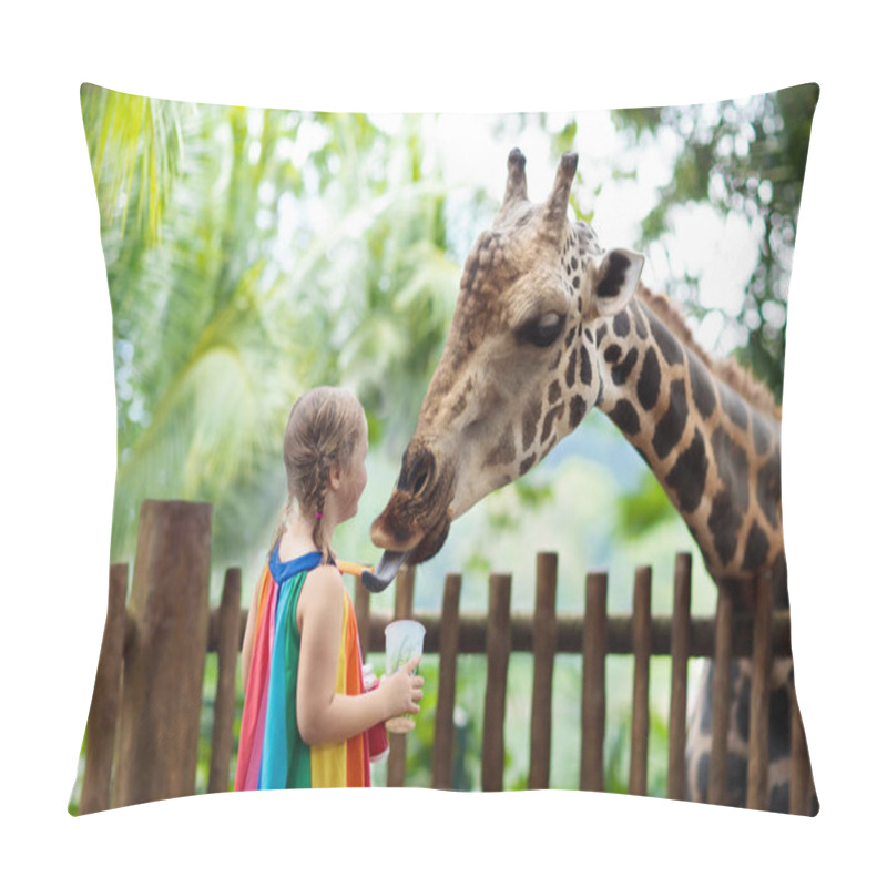 Personality  Family Feeding Giraffe In Zoo. Children Feed Giraffes In Tropical Safari Park During Summer Vacation In Singapore. Kids Watch Animals. Little Girl Giving Fruit To Wild Animal. Pillow Covers