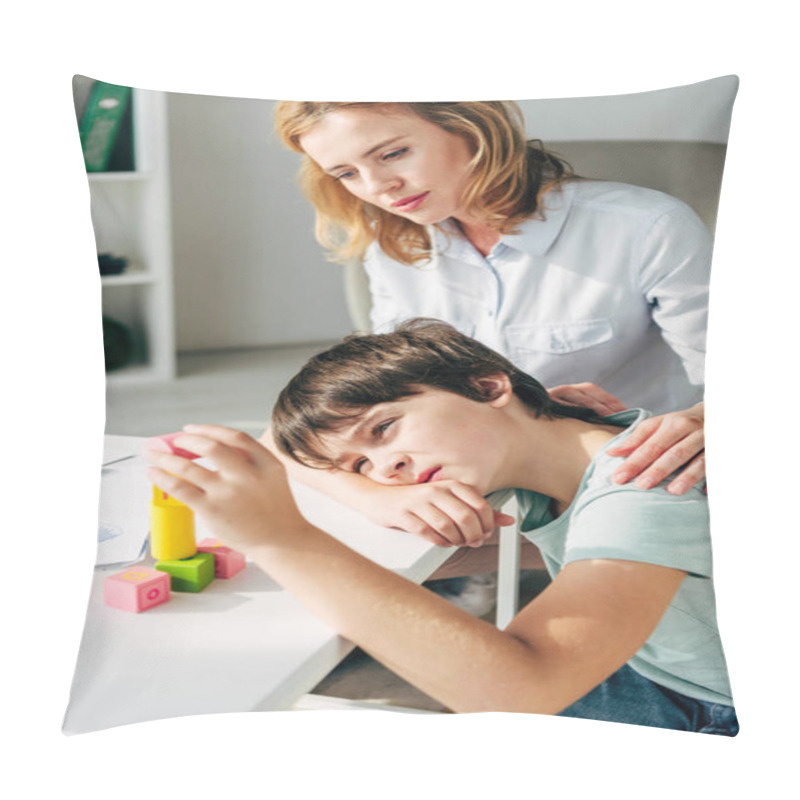 Personality  Kid With Dyslexia Playing With Building Blocks And Child Psychologist Looking At It  Pillow Covers