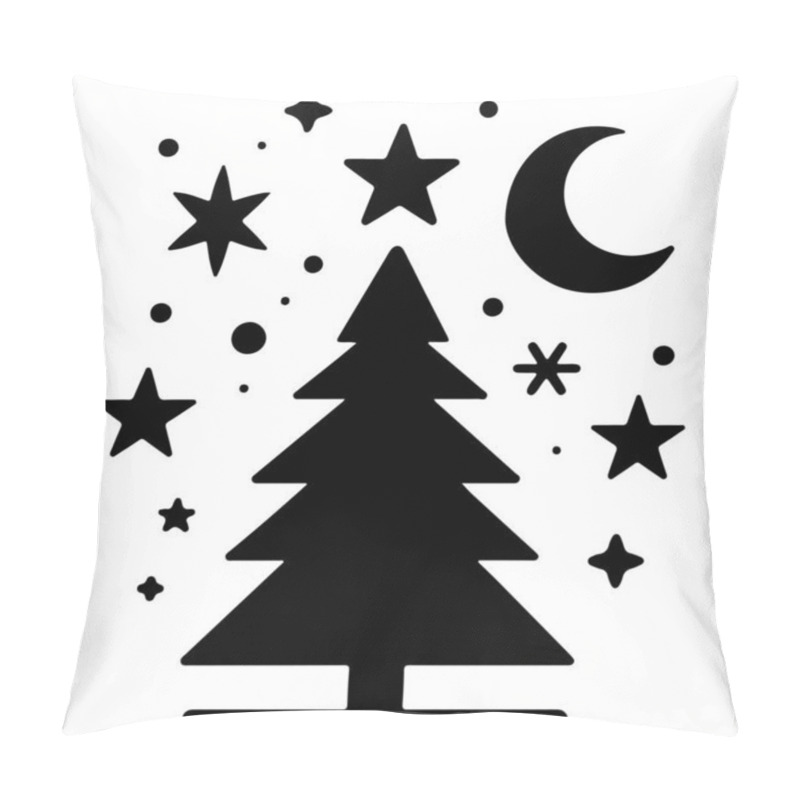 Personality  This Festive Vector Illustration Features A Stylized Christmas Tree Surrounded By Various Holiday-themed Elements, Including Snowflakes, Stars, And Decorative Dots. The Black And White Design Is Perfect For Holiday Greeting Cards, Seasonal Decoration Pillow Covers