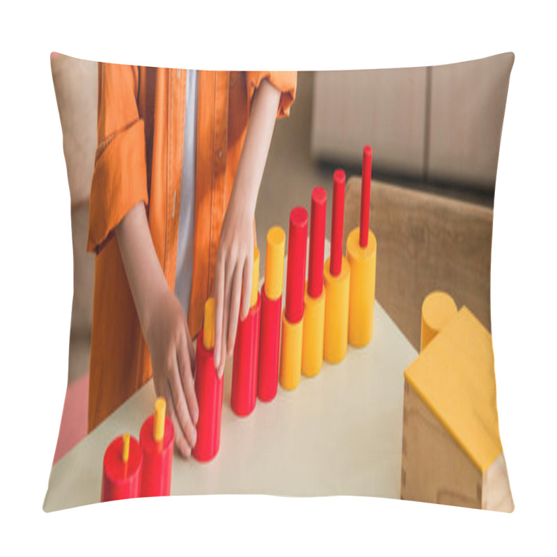 Personality  Cropped View Of Kid Playing With Red And Yelllow Cylinders In Montessori School, Banner Pillow Covers