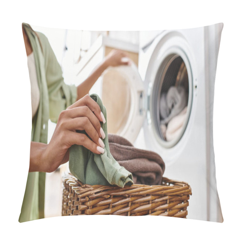 Personality  A Woman With Afro Braids Cheerfully Holds A Laundry Basket Near A Washing Machine In A Vibrant Bathroom. Pillow Covers