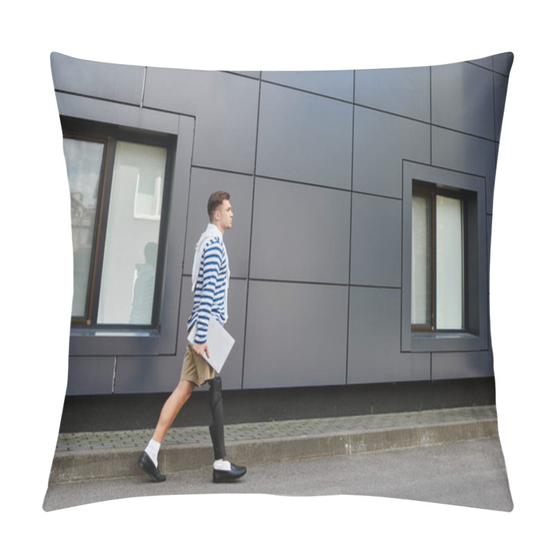 Personality  A Young Man In A Striped Shirt And Shorts Walks By A Modern Building. Pillow Covers