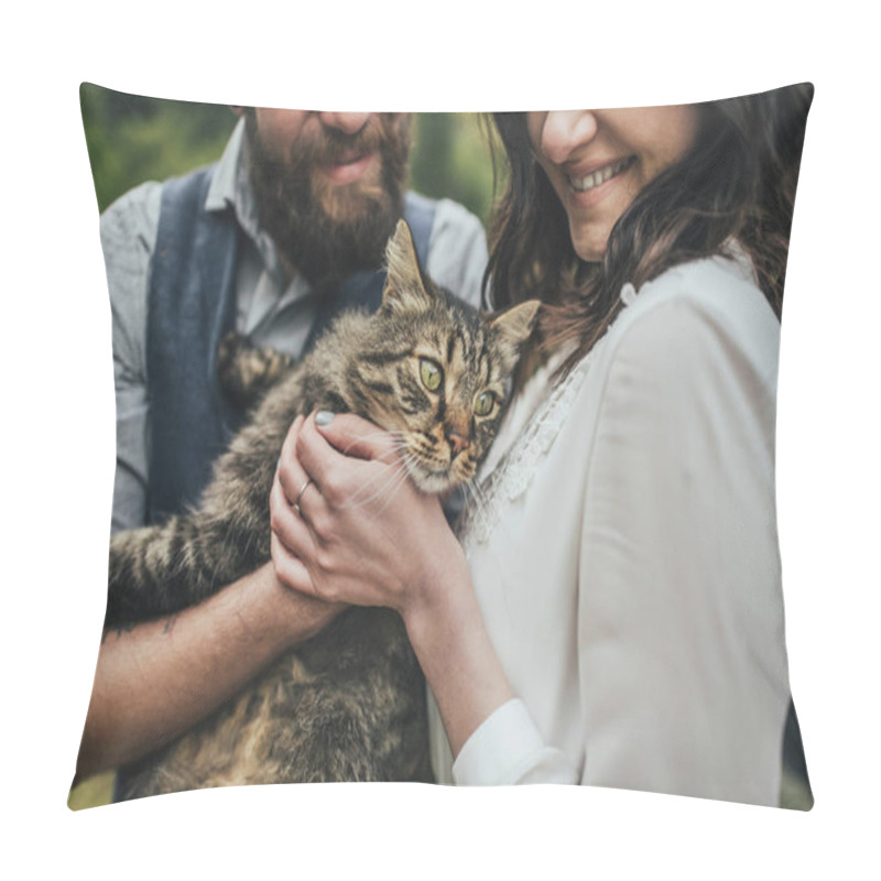 Personality  Happy Couple Holding And Stroking Cat, Norway  Pillow Covers