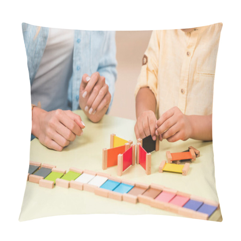 Personality  Cropped View Of Kid And Teacher Playing Educational Game At Table During Lesson In Montessori Class Pillow Covers