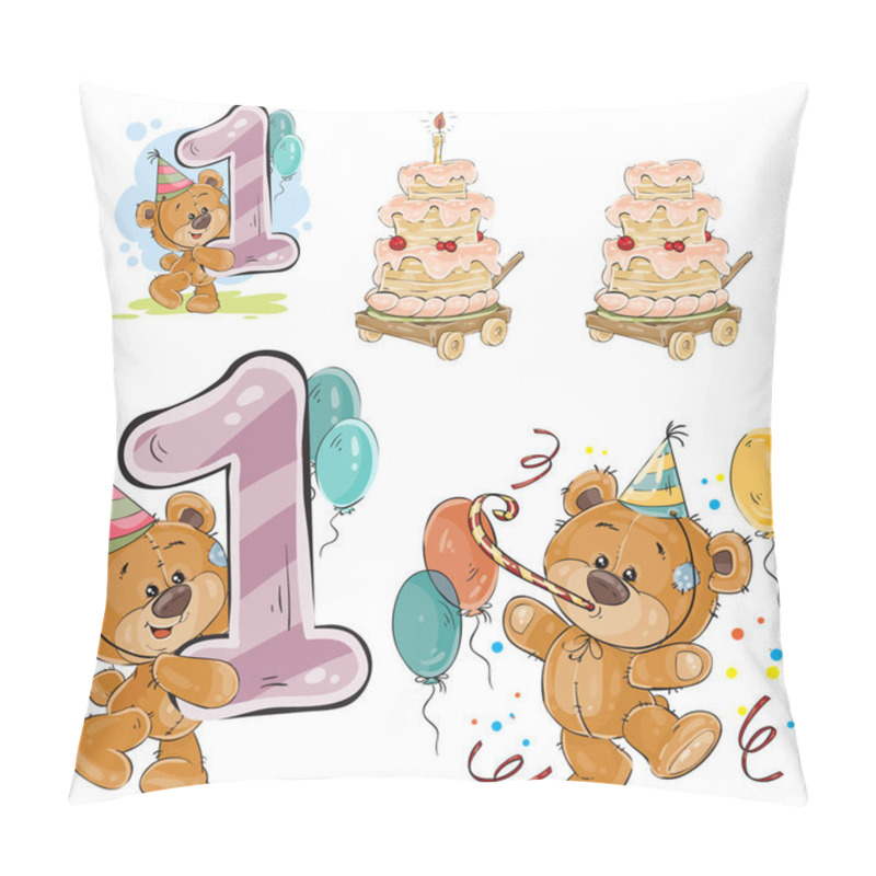 Personality  Set Of Vector Illustrations With Brown Teddy Bear, Birthday Cake And Number 1. Pillow Covers