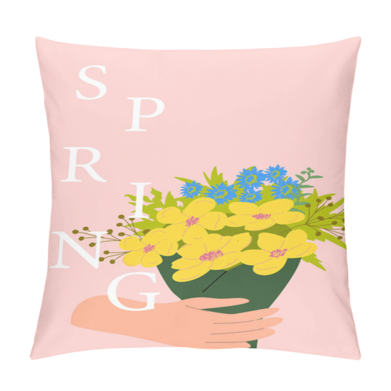 Personality  Spring Bouquet With Yellow And Blue Flowers On Pink Background. Pillow Covers