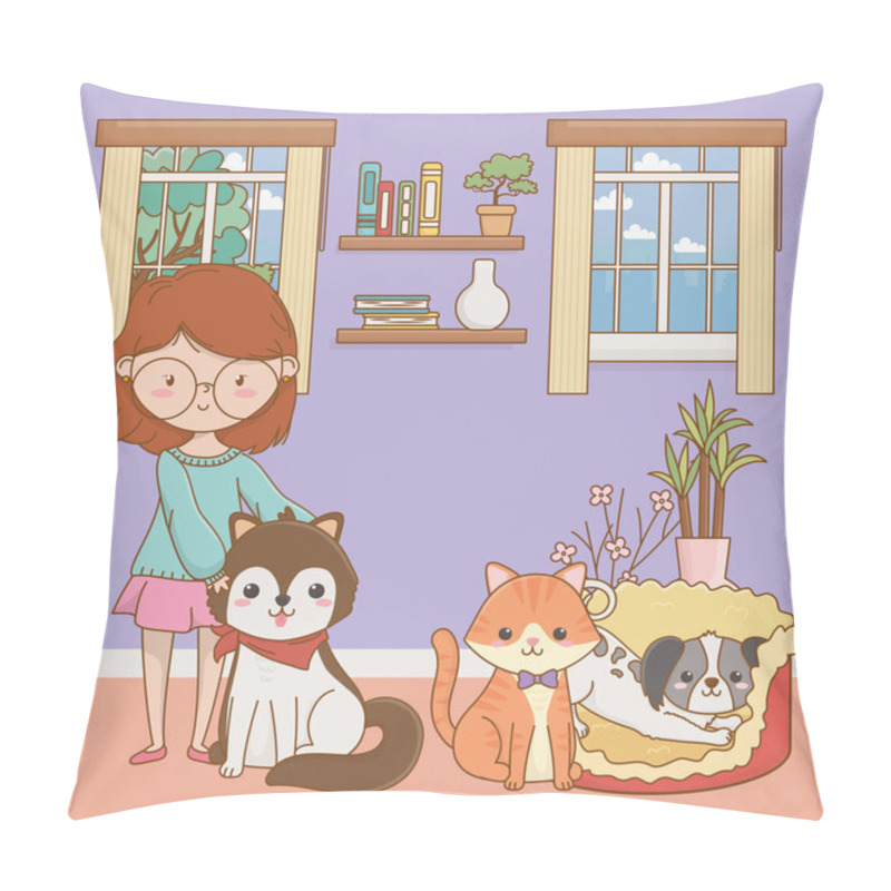 Personality  Girl With Cat And Dogs Cartoons Design Pillow Covers