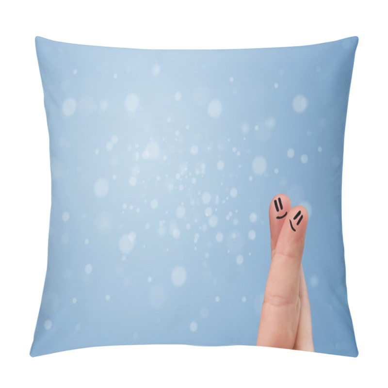 Personality  Happy Finger Smileys With Empty Blue Bokeh Background Pillow Covers