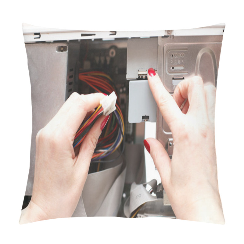 Personality  Woman Hands Assemble Computer Cable Into System Unit Pillow Covers