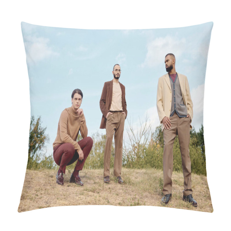 Personality  Handsome Men Dressed In Autumn Attire Pose Confidently In A Peaceful Field Surrounded By Nature. Pillow Covers