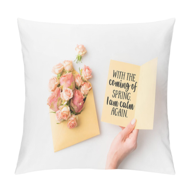 Personality  Hand Holding Paper With Spring Quote Beside Pink Flowers In Envelope Isolated On White Pillow Covers