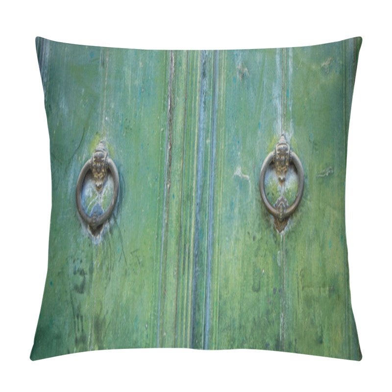 Personality  Old And Worn Double-leaf Door With Metal Knockers Or Knockers And Painted Dark Green Pillow Covers