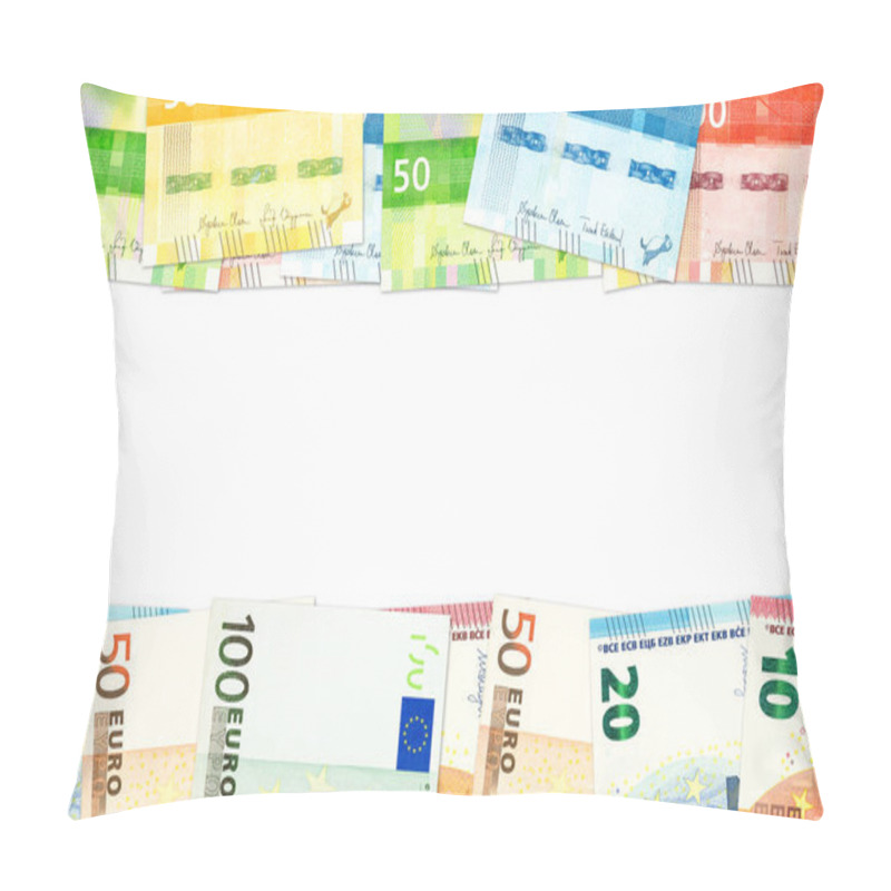 Personality  New Norwegian Krone And Euro Banknotes Indicating Bilateral Economic Relations With Copy Space Pillow Covers