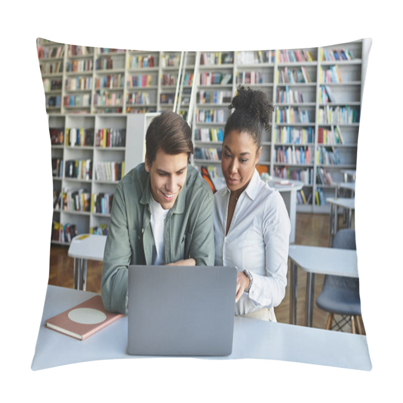 Personality  A Young Teacher Passionately Educates Her Student Amid A Library Filled With Books And Knowledge. Pillow Covers