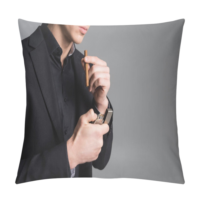 Personality  Partial View Of Man Lightening Cigar Isolated On Grey Pillow Covers