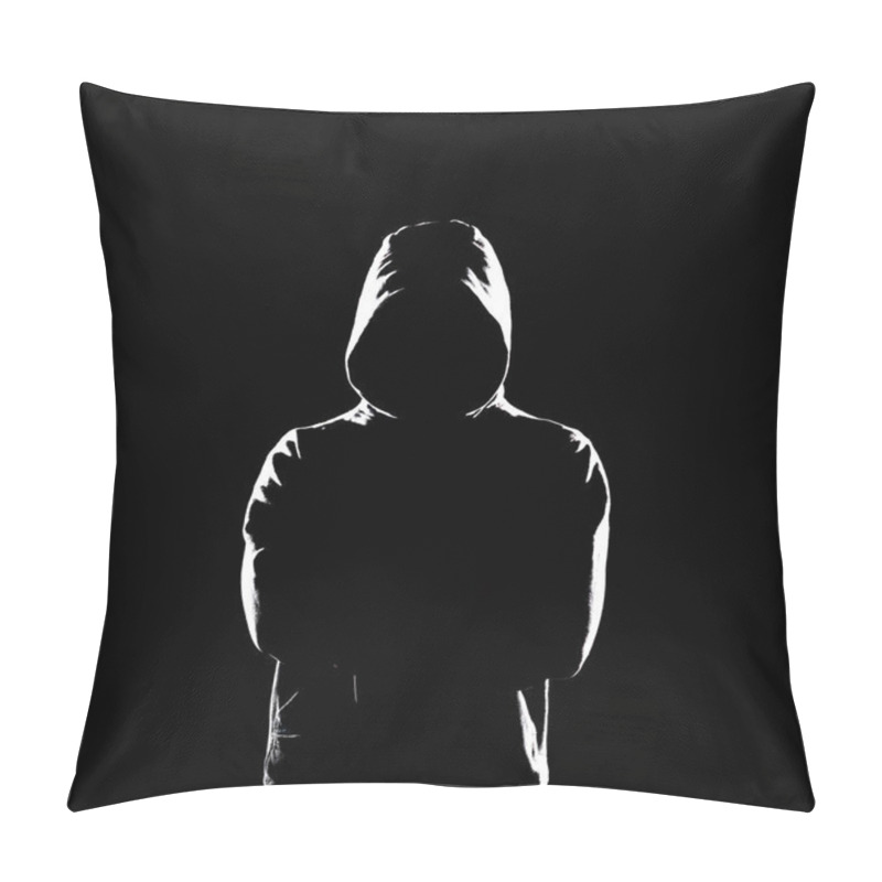 Personality  Portrait Of Computer Hacker In Hoodie. Obscured Dark Face. Data Thief, Internet Fraud, Darknet And Cyber Security Concept. Pillow Covers