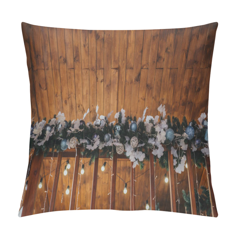 Personality  A Beautifully Decorated Garland Featuring Ornaments And Flowers Hangs Against A Wooden Ceiling, Creating A Warm And Inviting Holiday Atmosphere With Soft Lighting Throughout. Pillow Covers