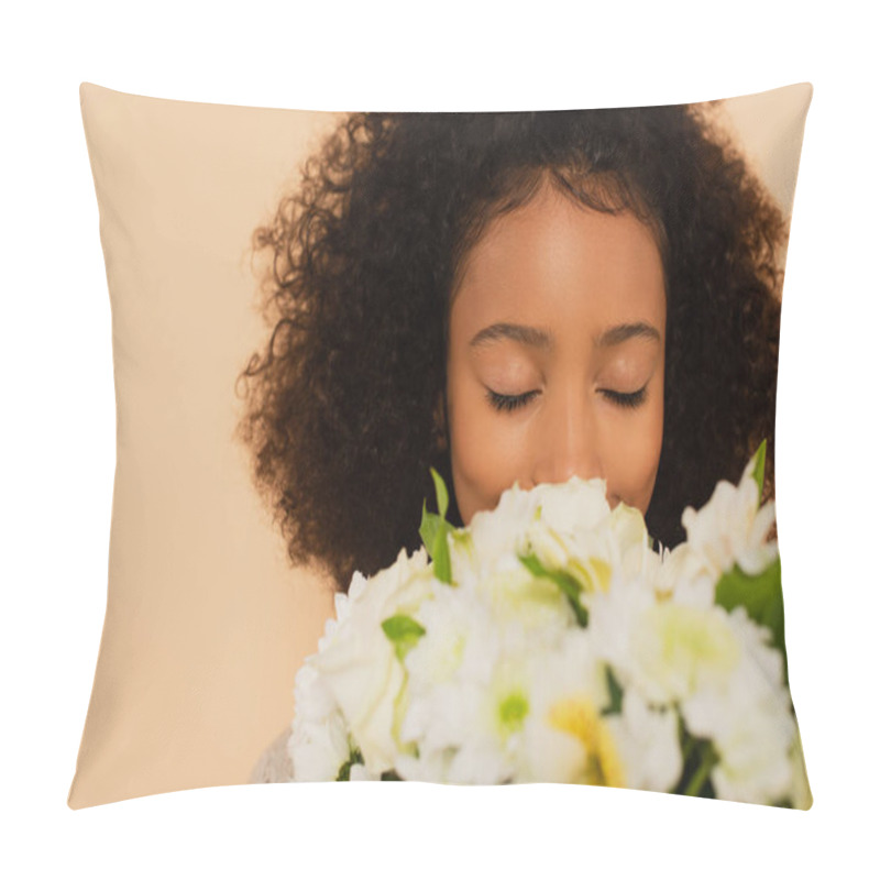 Personality  African American Preteen Girl Smelling Bouquet Of Daisies With Closed Eyes Isolated On Beige Pillow Covers