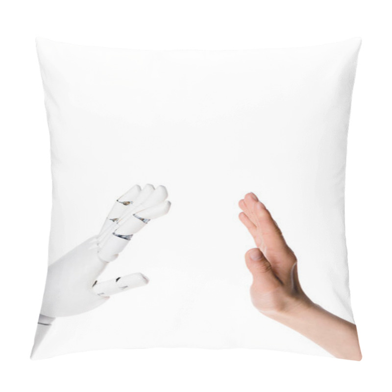 Personality  Cropped Shot Of Robot And Human Making High Five Gesture Isolated On White Pillow Covers