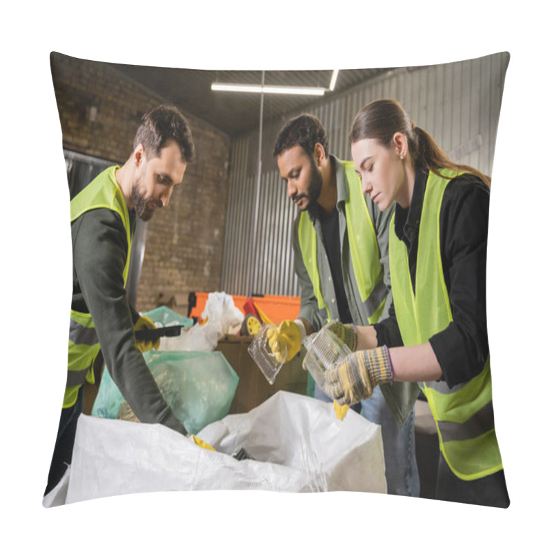 Personality  Interracial Sorters In Protective Gloves And Safety Vests Taking Plastic Containers From Sacks While Sorting Trash Together In Waste Disposal Station, Garbage Sorting And Recycling Concept Pillow Covers