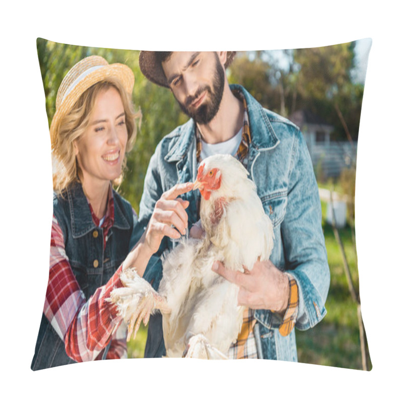 Personality  Smiling Couple Of Farmers In Straw Hats With Chicken At Farm  Pillow Covers