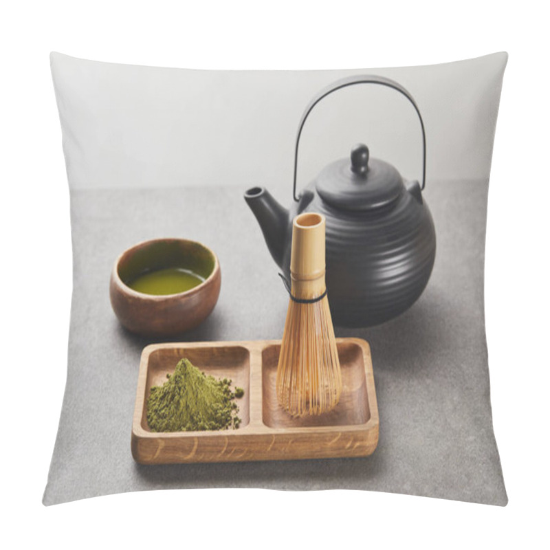 Personality  Green Matcha Powder And Bamboo Whisk On Wooden Board Near Black Teapot And Bowl With Tea Pillow Covers