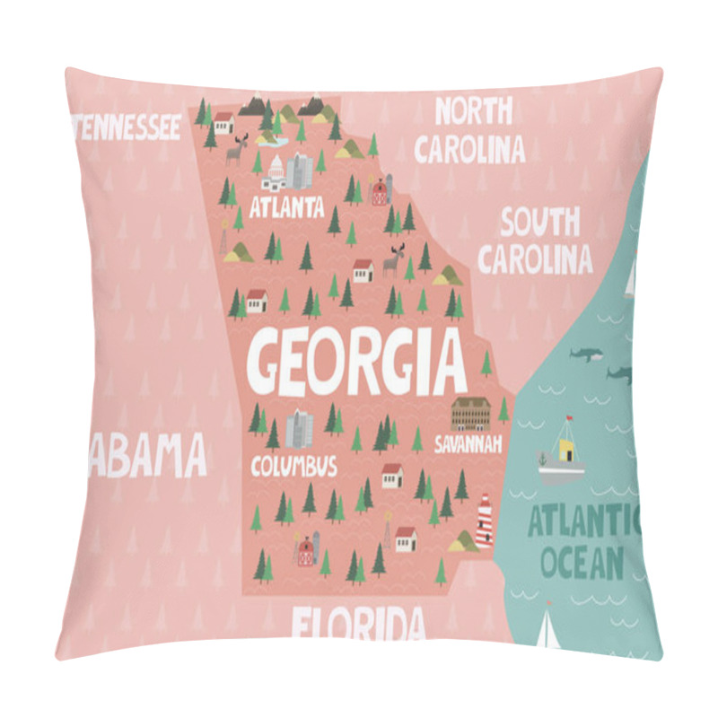 Personality  Illustrated Map Of The State Of Georgia In United States With Cities And Landmarks. Editable Vector Illustration Pillow Covers