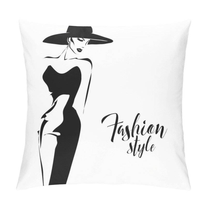 Personality  Black And White Retro Fashion Model In Sketch Style. Hand Drawn Vector Pillow Covers