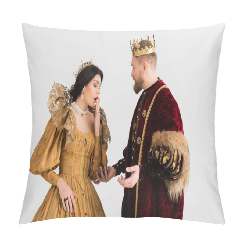 Personality  King With Crown Looking At Shocked Queen Isolated On Grey Pillow Covers