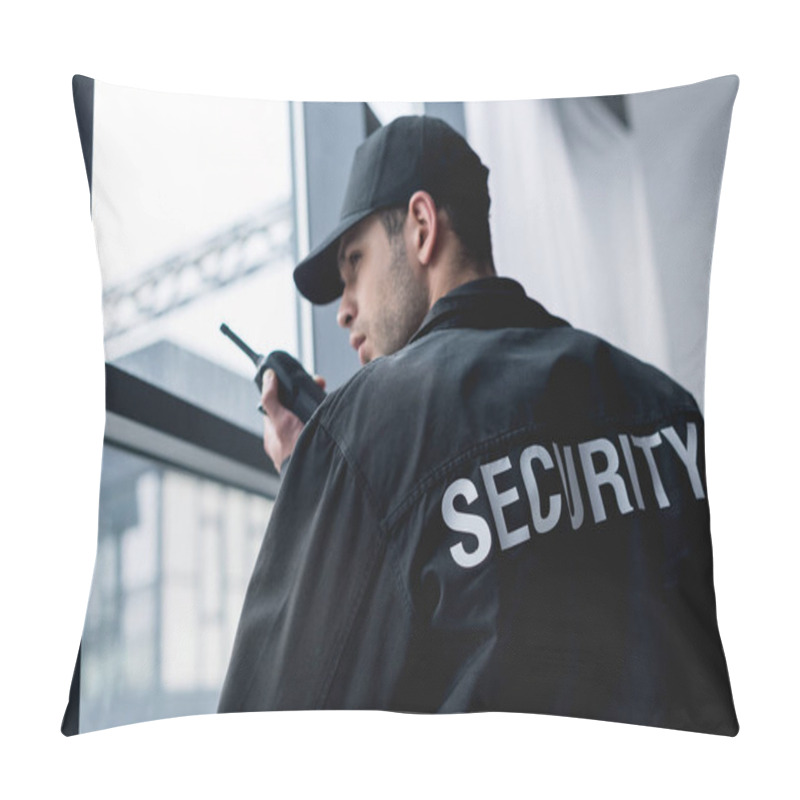 Personality  Rear View Of Guard In Uniform Talking On Walkie-talkie Pillow Covers