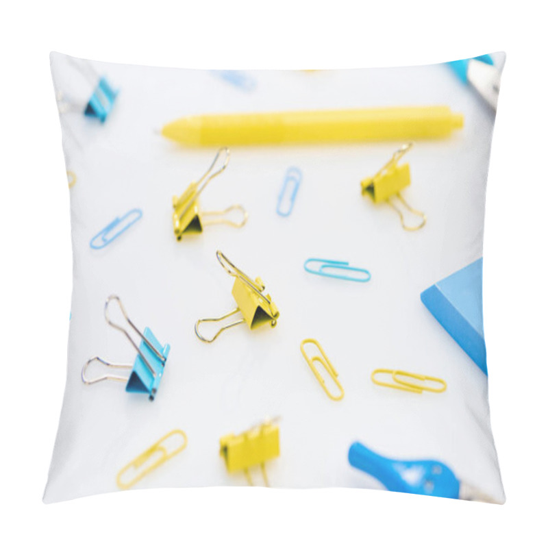 Personality  Selective Focus Of Colourful Paper Clips And Other Stationery On White Background  Pillow Covers