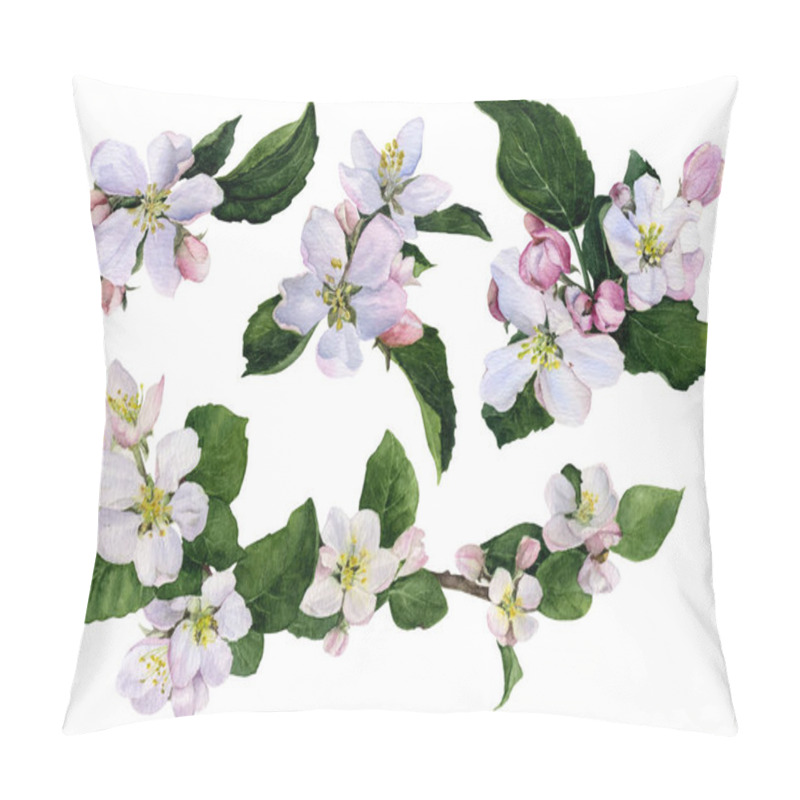 Personality  Set Of Apple Flowers And Buds With Green Leaves Hand Painted In Watercolor Isolated On The White Background Pillow Covers