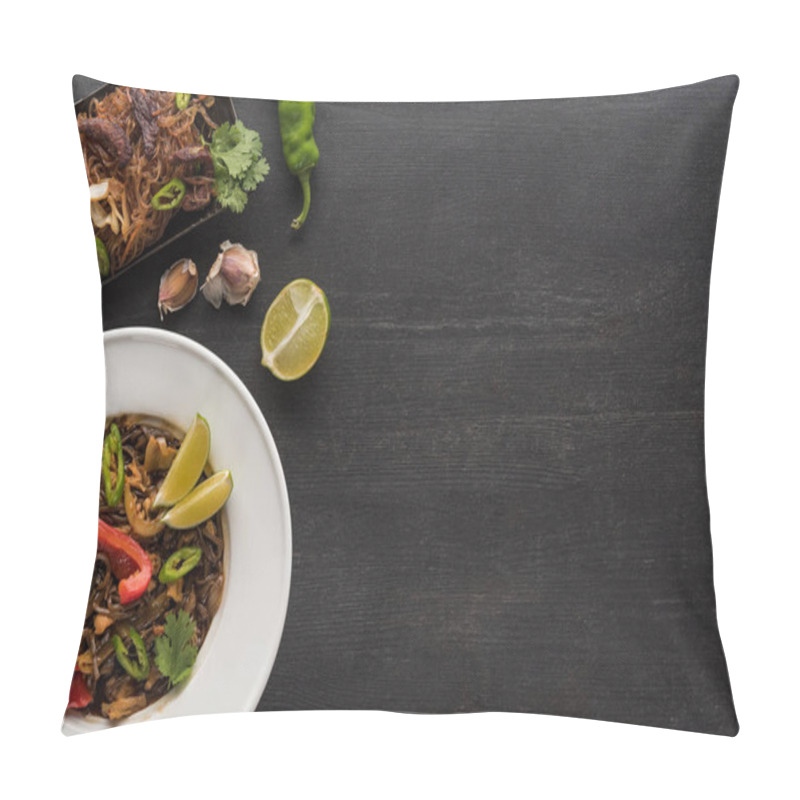 Personality  Top View Of Tasty Spicy Thai Noodles On Wooden Grey Surface Pillow Covers