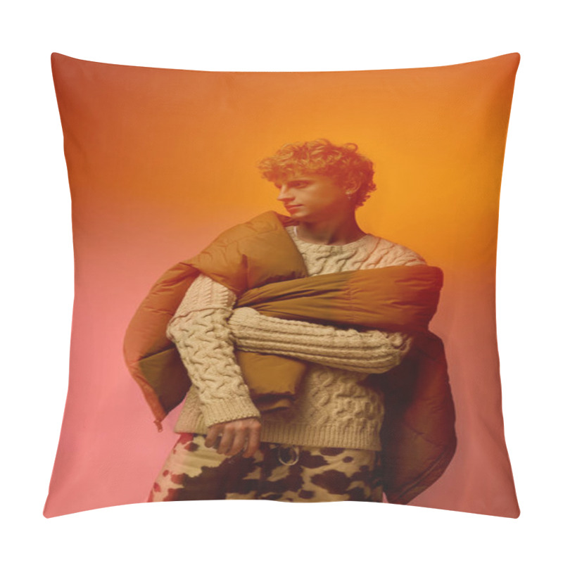 Personality  A Man Showcases A Trendy Holiday Outfit Featuring A Cozy Sweater And A Warm Outer Layer, Exuding Modern Charm With Playful Patterns. Bold Colors Enhance The Festive Spirit,. Pillow Covers