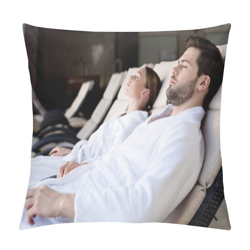 Personality  Side View Of Young Couple In Bathrobes Resting Together In Spa Center Pillow Covers