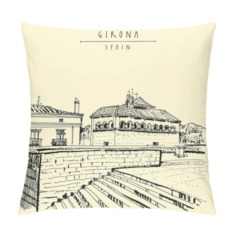 Personality  Stairs Of Girona Cathedral, Catalonia, Spain. Historic Old Town. Medieval Architecture. Place Of Shooting 6th Season Of Games Of Thrones. Vintage Travel Hand Drawn Postcard In Vector Pillow Covers