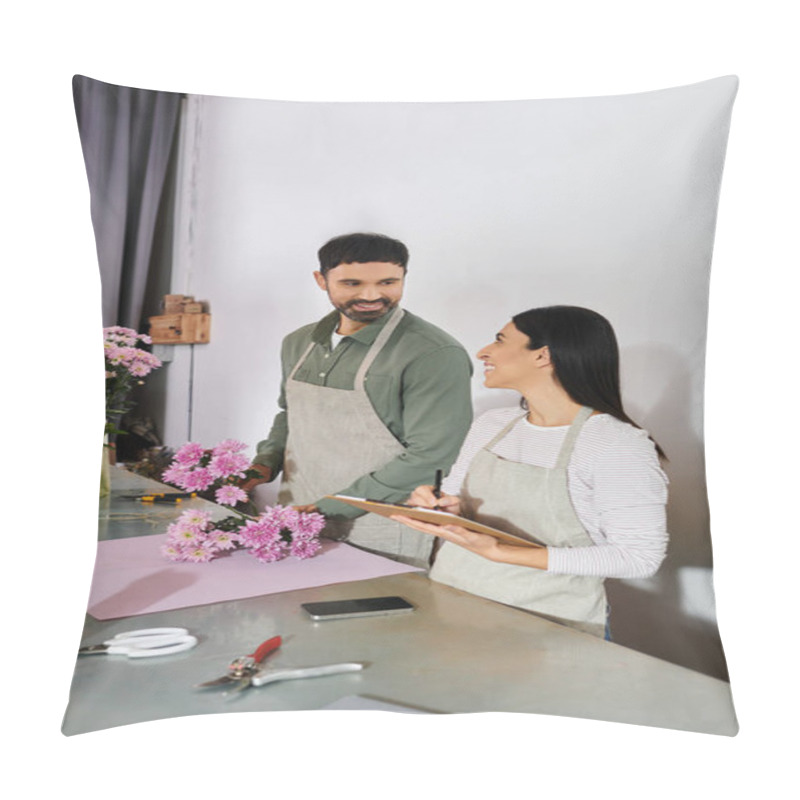 Personality  Married Couple Joyfully Preparing Beautiful Flower Arrangements Together In Their Shop. Pillow Covers