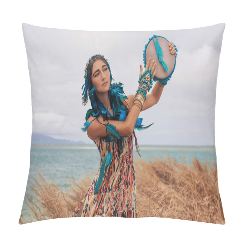 Personality  Attractive Young Woman In Ethnic Jewelry Outdoors Pillow Covers