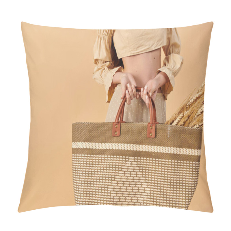 Personality  A Young Woman With Long Brunette Hair Elegantly Holding A Large, Hand-crafted Bag In A Studio Setting, Exuding A Summery Vibe. Pillow Covers