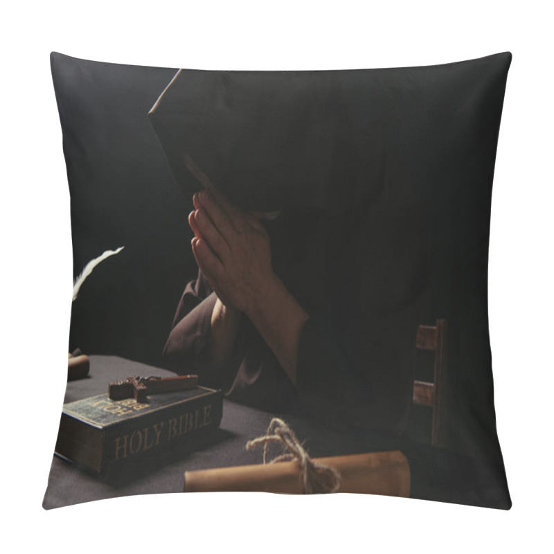 Personality  Priest Obscuring Face With Praying Hands Near Crucifix On Holy Bible Isolated On Black Pillow Covers