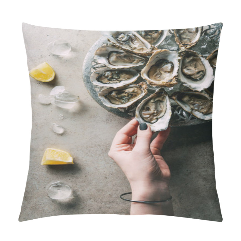 Personality  Partial View Of Woman Taking Oyster From Bowl On Grey Tabletop With Ice And Lemon Pieces Pillow Covers