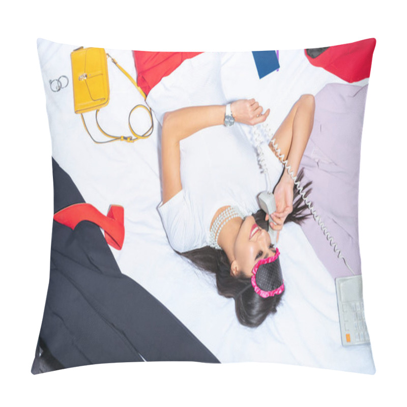 Personality  Top View Of Beautiful Smiling Girl With Eye Mask Lying On Bed And Talking By Handset Pillow Covers