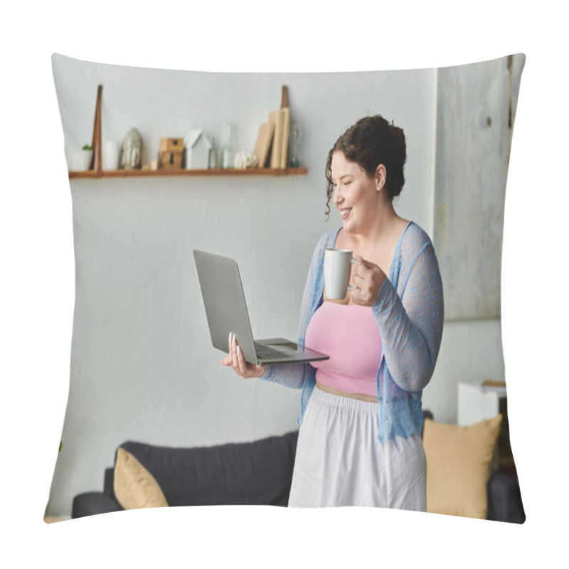 Personality  Dark Haired Young Woman In Cozy Homewear Enjoys A Relaxed Day At Home. Pillow Covers