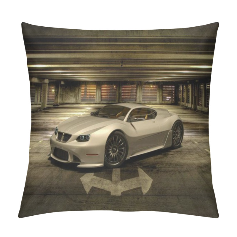 Personality  Sleek Silver Sports Car Parked In An Empty, Dimly Lit Underground Garage. Pillow Covers