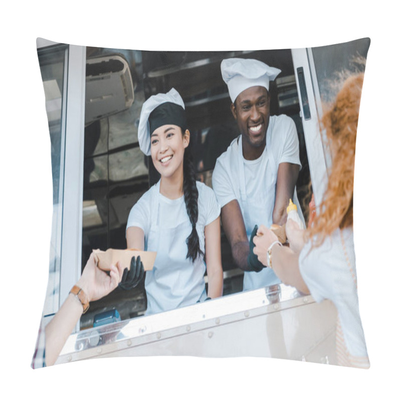 Personality  Selective Focus Of Cheerful Multicultural Chefs Giving Carton Plates With Food To Customers  Pillow Covers