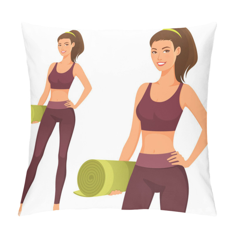 Personality  Happy Young Girl In Gym Outfit, Holding A Yoga Mat. Beautiful Smiling Woman In Sport Fashion. Healthy Lifestyle And Fitness Concept. Pillow Covers