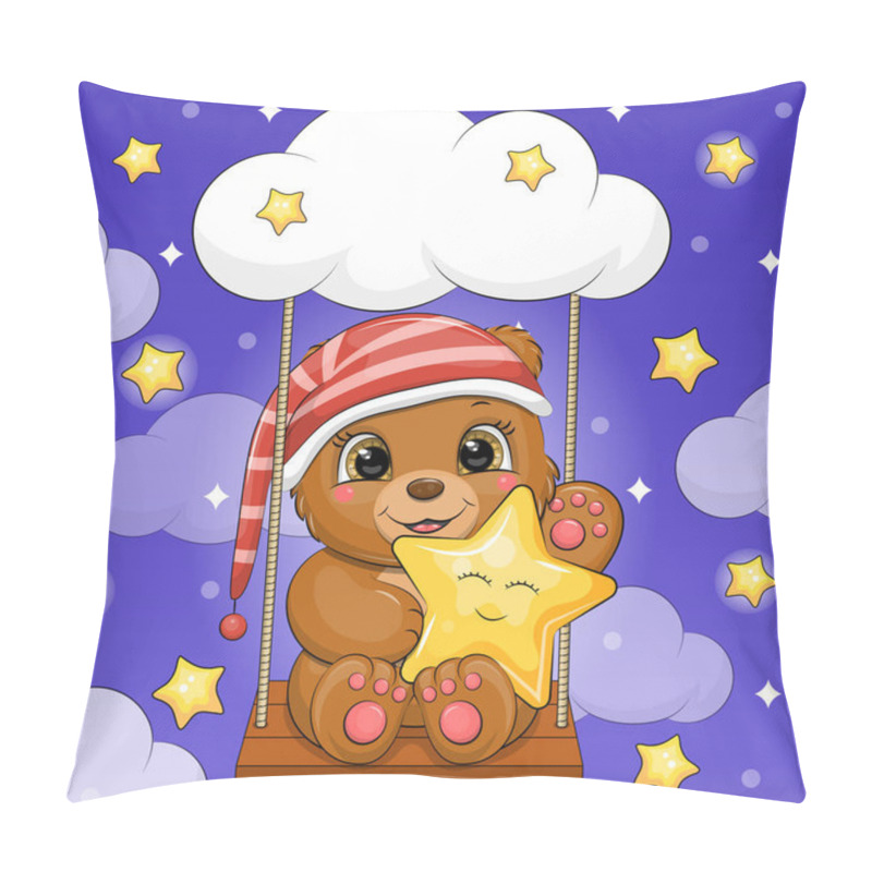 Personality  A Cute Cartoon Brown Bear In A Red Nightcap Holds A Yellow Star And Sits On A Swing. Night Vector Illustration Of An Animal On A Dark Blue Background With Clouds And Stars. Pillow Covers