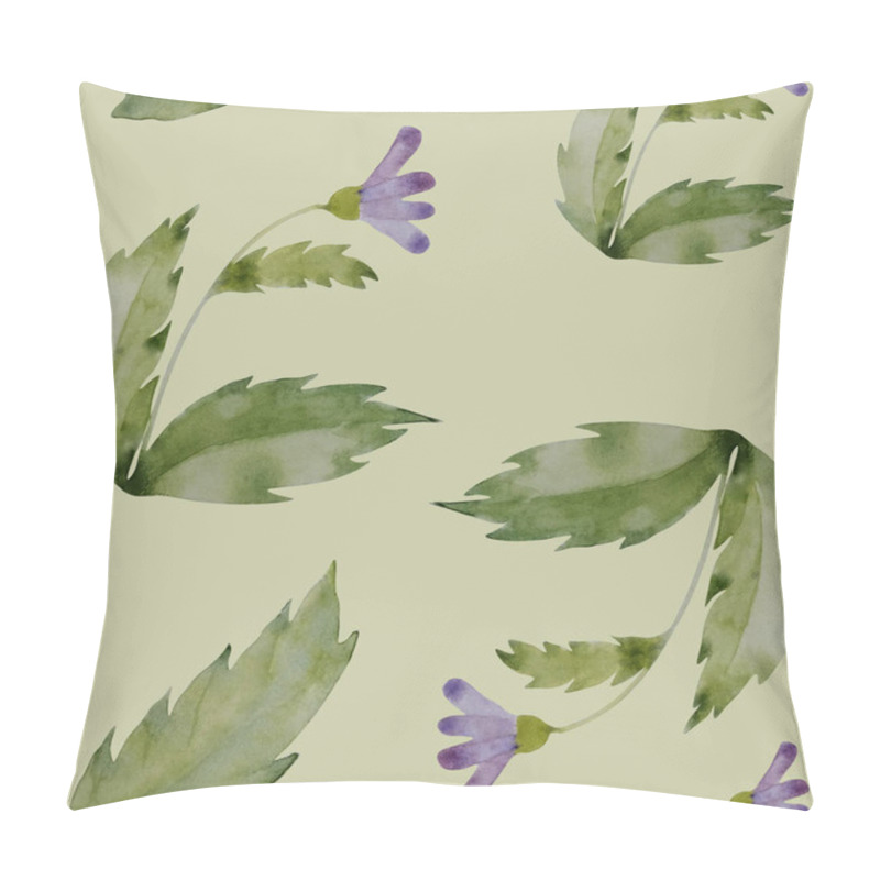 Personality  Watercolor Seamless Pattern With Delicate Purple Flowers And Stylized Leaves On A Soft Green Background. Perfect For Creating Elegant And Nature-inspired Designs For Textiles, Wallpapers, And Home Dec Pillow Covers