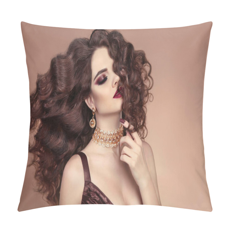 Personality  Beautiful Hair. Healthy Hairstyle. Brunette Girl Portrait. Beaut Pillow Covers