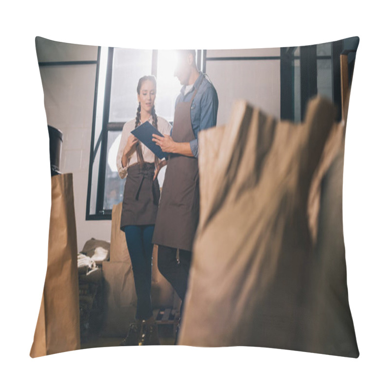 Personality  Selective Focus Of Coffee Shop Workers Checking Coffee Beans Roasting Process Together Pillow Covers